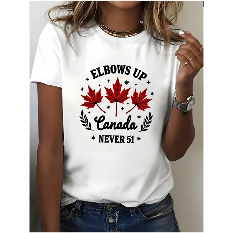 

Ladie White Pure Cotton Tshirt with Red Maple Leaf and Star Print Pattern Round Neck Short Sleeved Casual Loose Y2K Harajuku Top