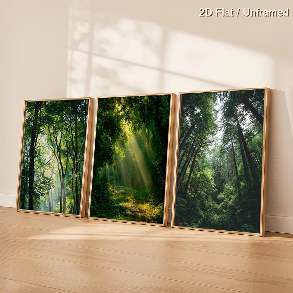 （NoFranme 3PCS）-2D Flat, 2D Flat, Set of 3 Unframed Serene Forest Wall Art, Canvas Paintings with Sunlight Beams, Lush Greene