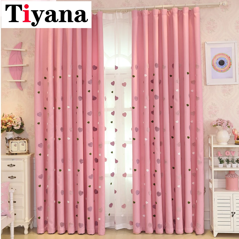Cartoon Children Pink Embroidered Sheer Tulle 3D Love Heart Blackout Curtain For Girls Living Room Bedroom Window Drapes Cortina