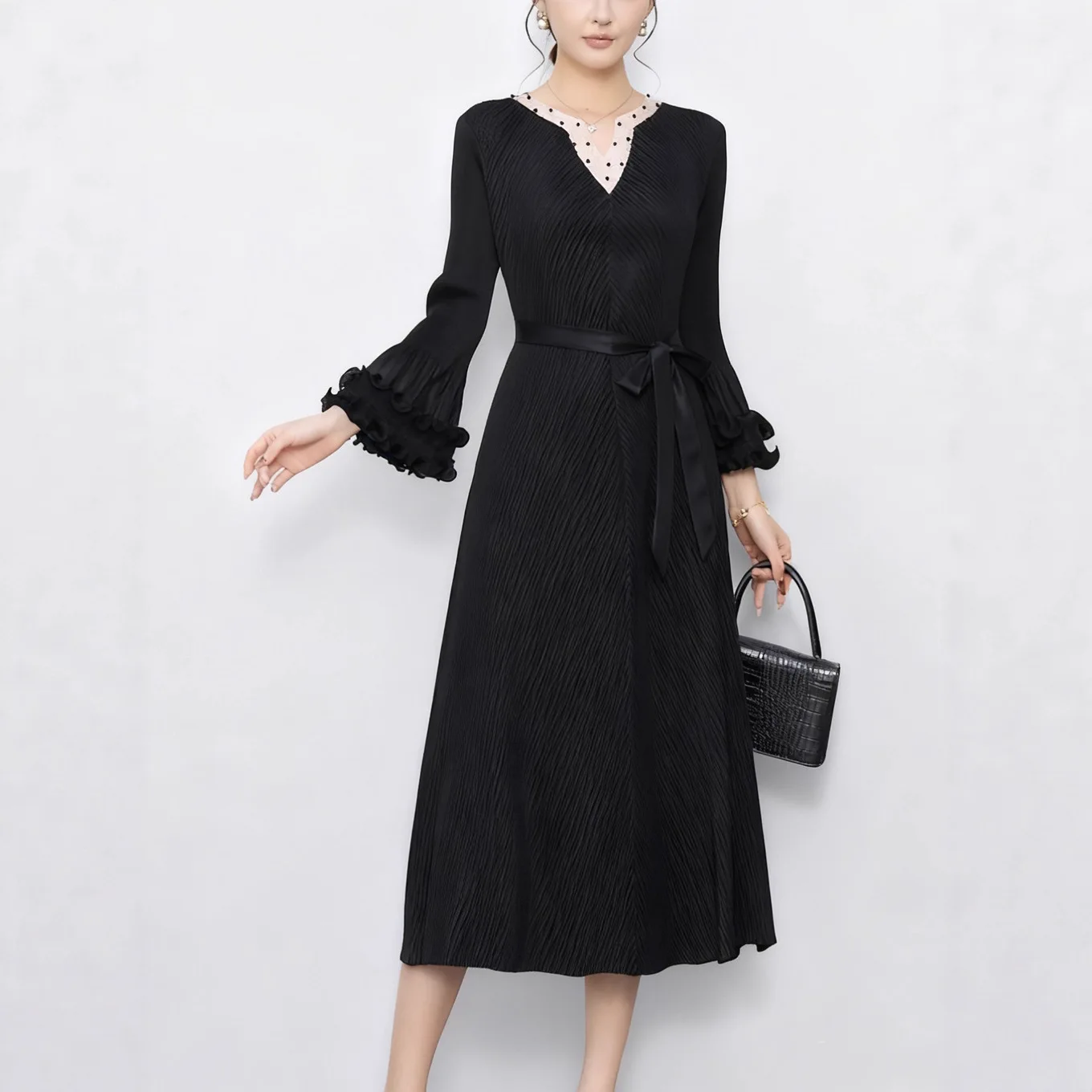 Ele Pleated Midi Dr Women's Long Sve Bell Sve Floral  A-Line Skirt Polyester Knitted Dr for Busin Casu...