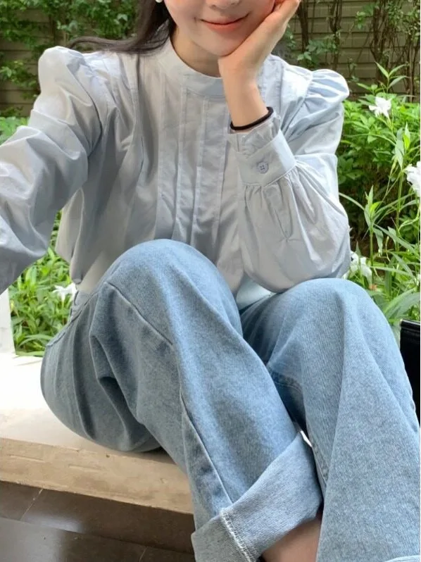 Elegant Autumn Long Sleeve Stand Collar Back Single Button Design Pure Color Women's Shirt Versatile Fashionable Korean Style