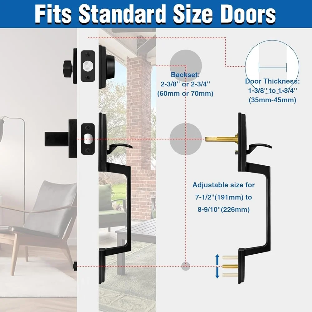 Matte Black Front Door Handle Set Heavy Duty Single Cylinder Deadbolt Lock Modern Entry Lever Reversible Design Adjustable Latch