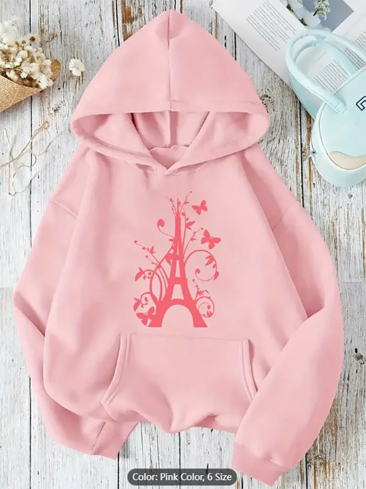 

Womens Hoodie Floral Eiffel Tower Graphic Print Casual Oversized Drawstring Hooded Sweatshirt for Travel Lovers Pure Cotton