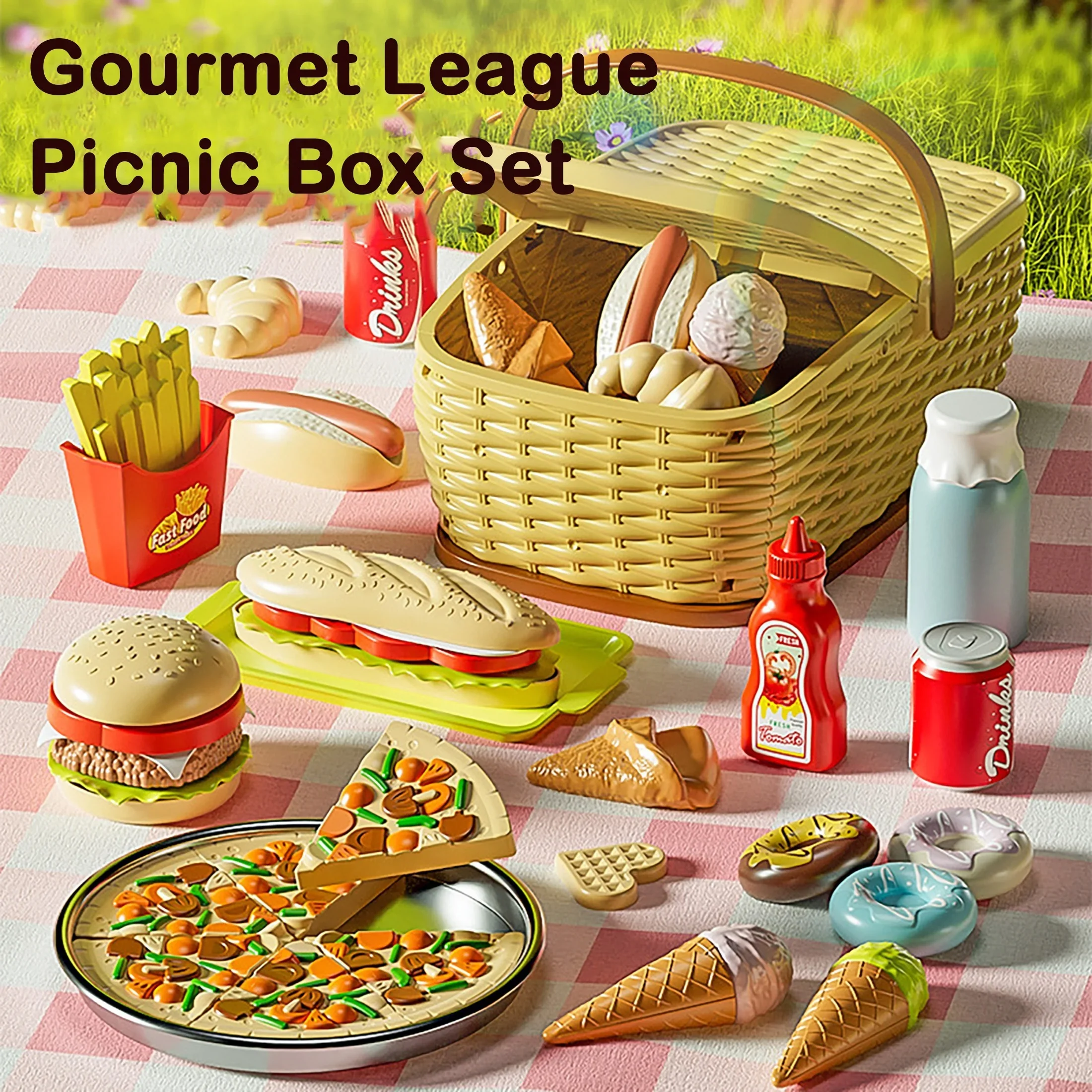 Pretend Play Simulation Kitchen Fruit Toy Cutting Play Food Drink Toy for Kids Camping Portable Picnic Basket Play House Toy Set