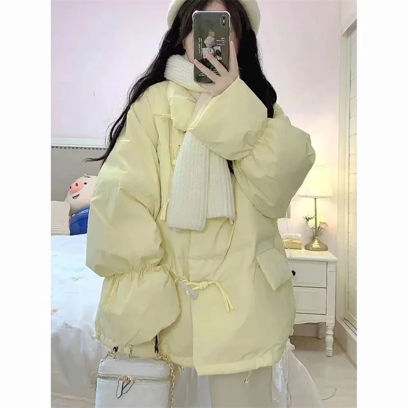 2024 Women\'s Warm Thicken Parkas Stand Neck Horn Button Monochromatic Winter Jackets Loose Preppy Style Sweet All Match Puffer C