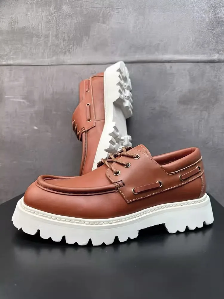 Vintage Mens Thick Platform Cowhide Genuine Leather Dress Shoes Lace Up Business Work Formal Shoes Autumn New Designer Footwear