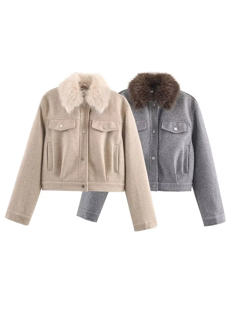 

Long Sleeve Single Breasted Cropped Jackets Casual Lady Streetwear Women Elegant Fashion Solid Faux Fur Collar Coat Vintage
