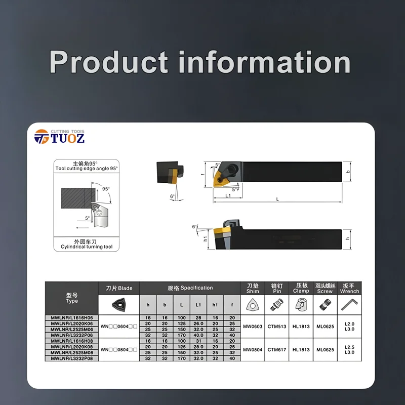 TUOZ MWLNR MWLNL 95 degrees External Turning Tool 1616H08 2020K08 2525M08 3232P08 Cnc Holder Lathe Cutter Shank WNMG0804 Inserts
