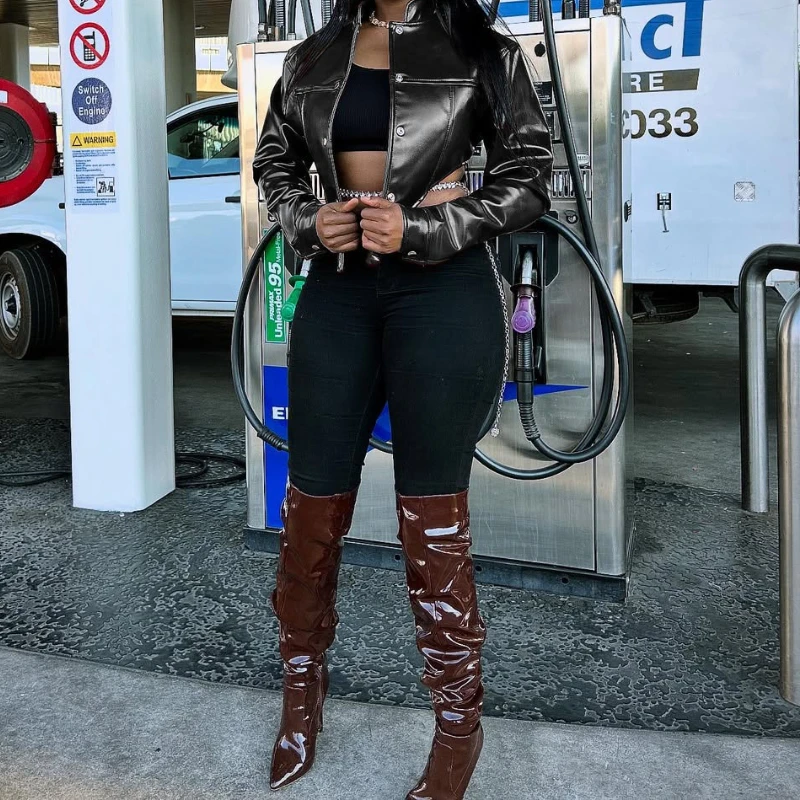 Frauen Kurze Mäntel Faux Leder Jacken Stehkragen Pu Mantel Arbeit Y2k Streetwear Jacke Zipper Slim Fit Oberbekleidung Herbst Winter