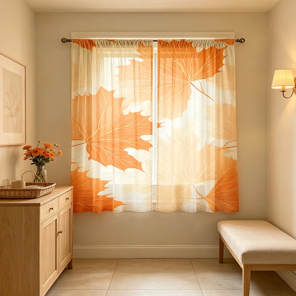 2PCS Digital Printed Sheer Curtains, Vibrant Orange Maple Leaf Pattern, Warm Autumn Style for Living Room Bedroom Decor