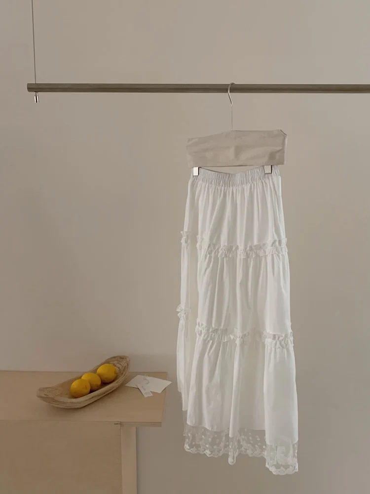 High Elastic Waist Long Skirt for Women Korean Style Streetwear Lace Patch A-line Skirts Female Summer Midi Skirts Female(T3541)