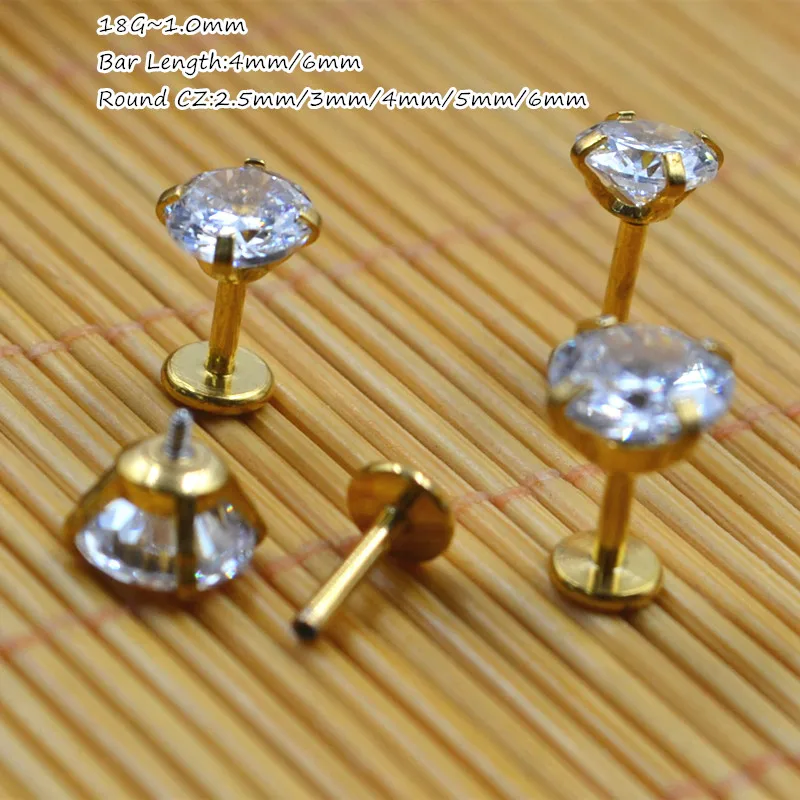 LOT50pcs 18G  Body Jewelry Piercing -Gold Shine Round CZ  Short Bar Lip Labret Studs Ring Ear Helix Tragus Bar Lip Piercing