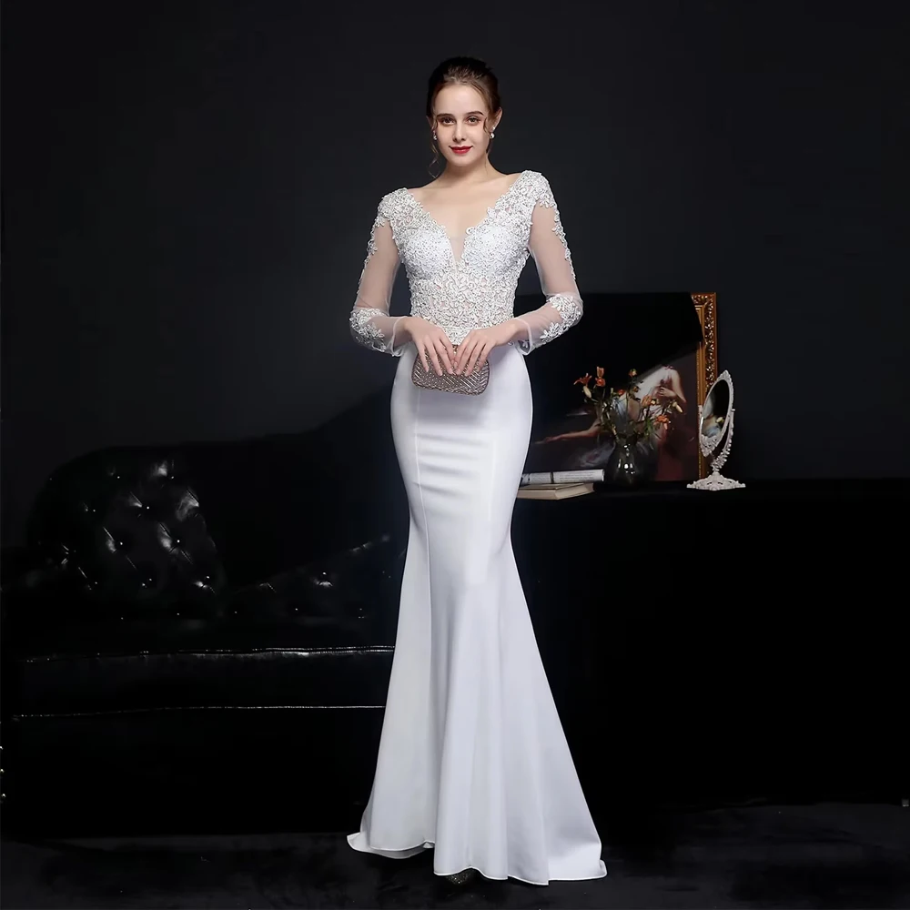 Customized Elegant White Long Wedding Dress For Woman Bride V-neck Decal Long Sleeved Evening Gown Transparent Bridal Gown