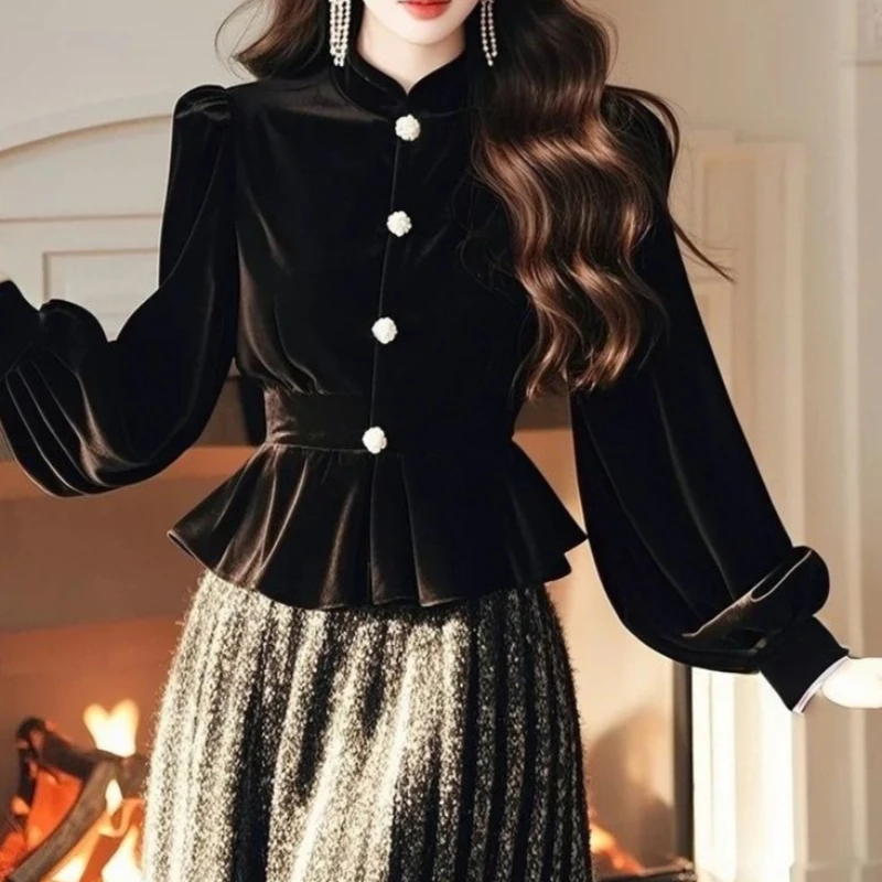 

Slim Short Blouse Women Clothes Autumn Winter New Long Sleeve Solid Pleated Temperament Shirt Tops Vintage Fashion TT1209