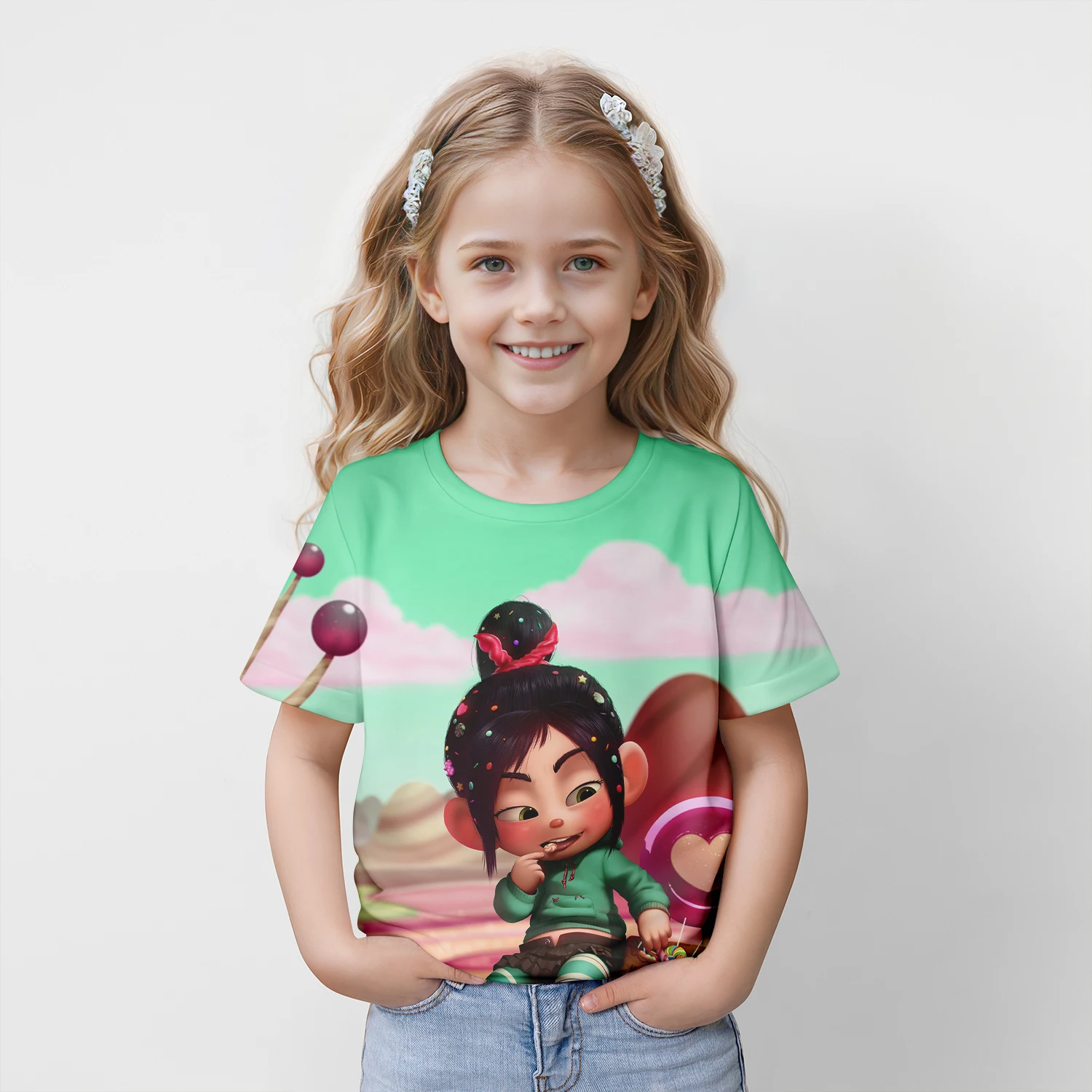 MINISO Disney Vanellope von Schweetz 2024 estate 4-14 anni bambini bambini Cool Boy Cute Girls t-shirt leggera con stampa 3D top