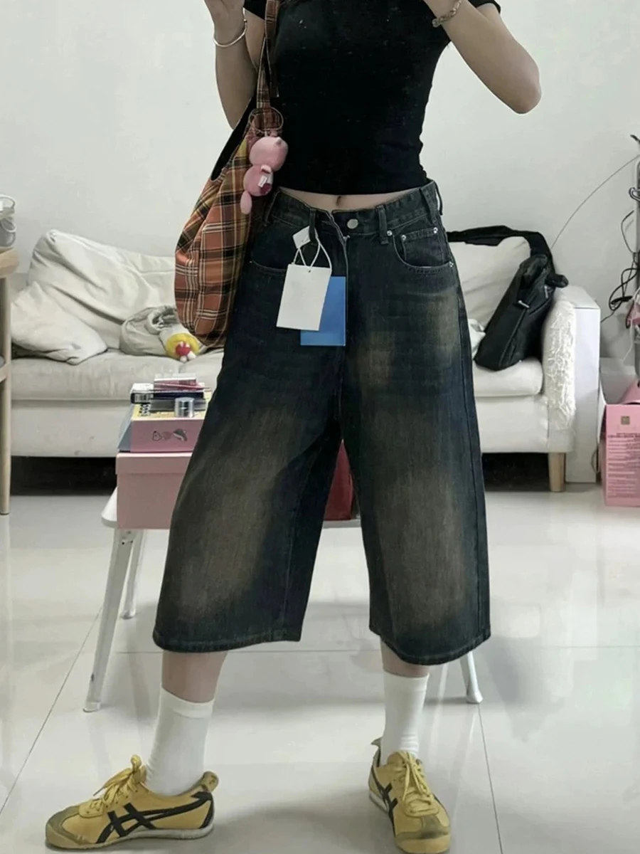 

Джинсы женские летние свободного кроя с высокой талией, широкими штанинами, прямого кроя, средней длины, в американском стиле, для полных, стройнящие