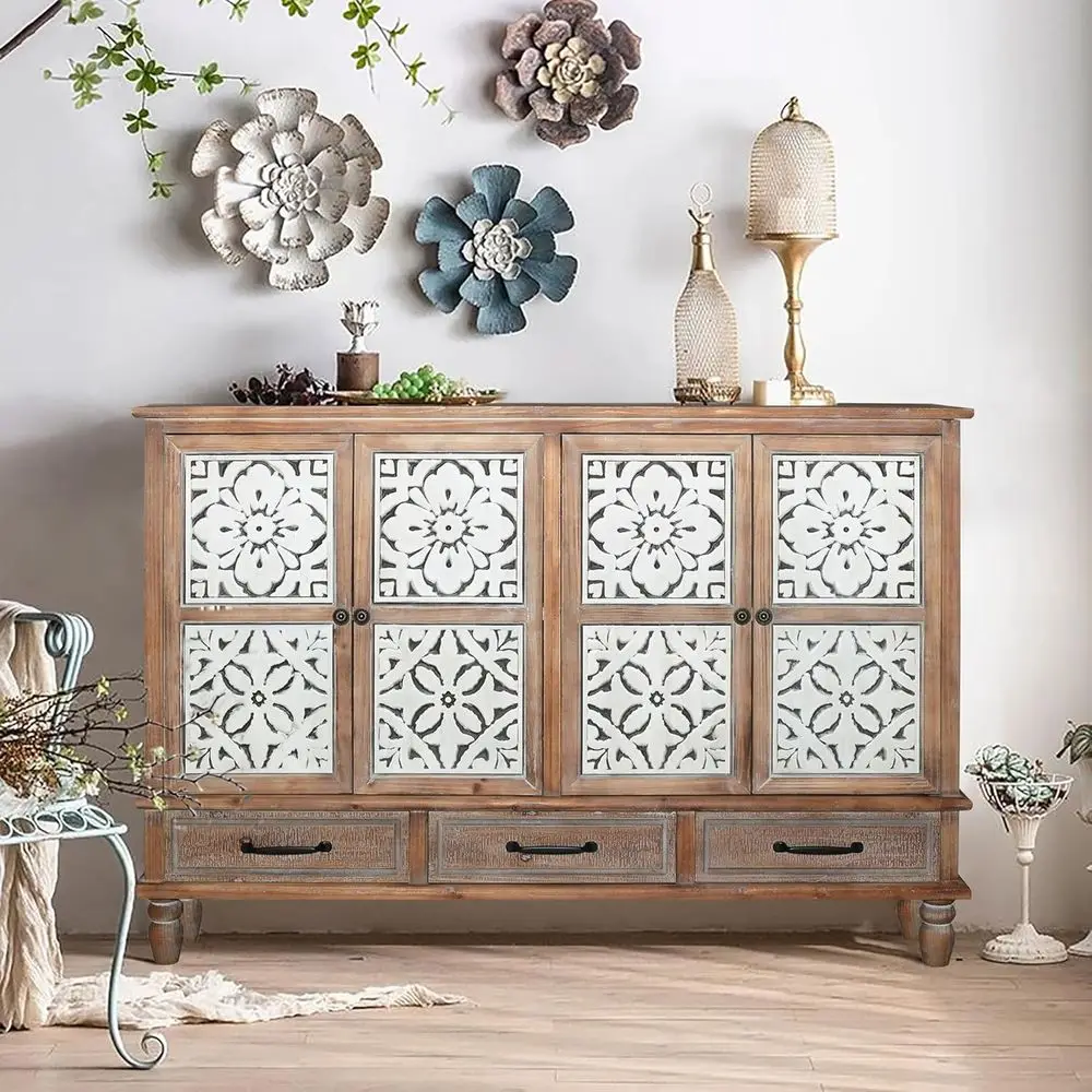 

Large Sideboard Buet Cabinet with Storage, 59" Hollow Carving Buet Table Coee Bar Wine Storage Cabinet w/4 Do, Distred Wood Disp