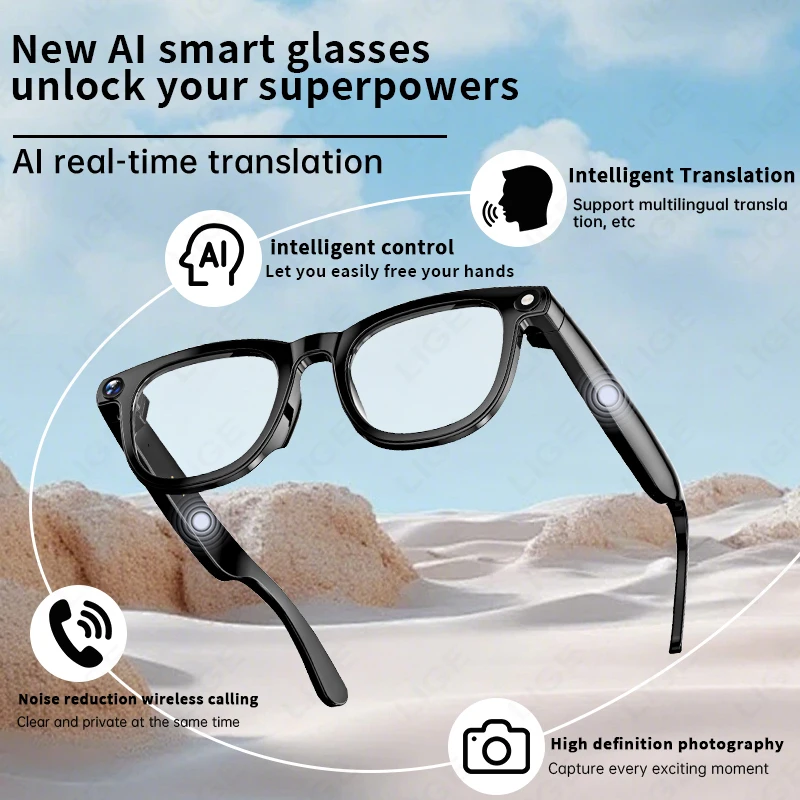 

LIGE новые 800 Вт пиксельные интеллектуальные очки 1080P AI HD съемка видеозапись Bluetooth перевод голосовых вызовов умные солнцезащитные очки