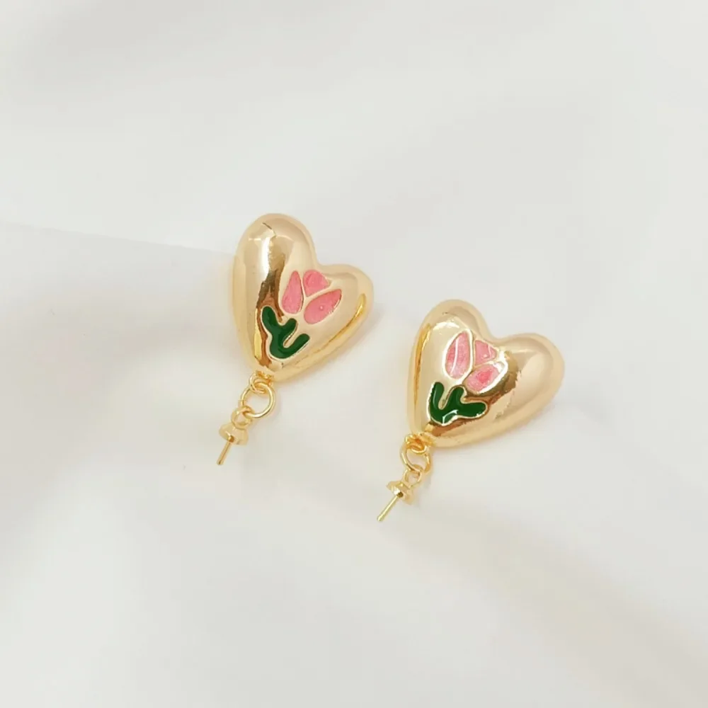 

14K Gold-plated Oil-dripping Tulip Heart-shaped Hollow Holder S925 Silver Ear Needle Handmade DIY Earrings, Stud Earrings