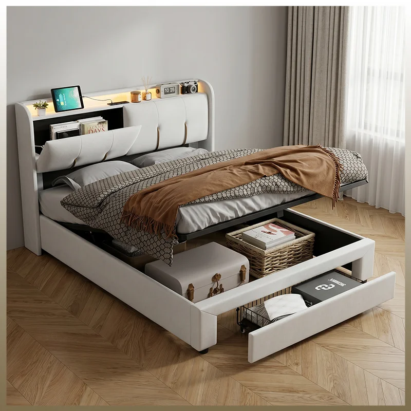 Cama Doble Comanlai de 140x200cm en Color Blanco Hueso con Iluminación LED, Puerto de Carga USB y Almacenamiento Debajo de la Cama, Estructura de Cama Tapizada en Tela