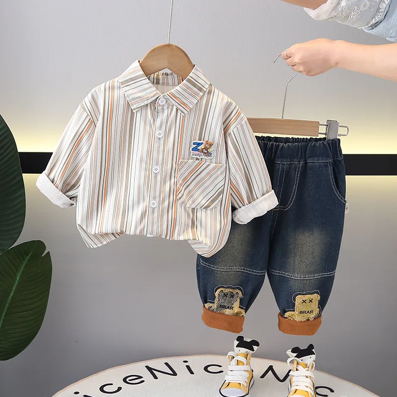 

Kids Brand Clothing 2024 Spring New Baby Boy Clothes 1 to 5 Years Cartoon Striped Long Sleeve Shirts and Pants 2PCS Boys Outfits