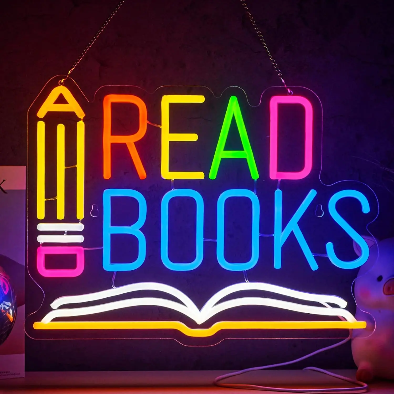 本を読むネオンサイン-鉛筆と本-led-ネオンライト-教室-書店-図書館-勉強部屋-壁飾り-usb調光可能-ギフト