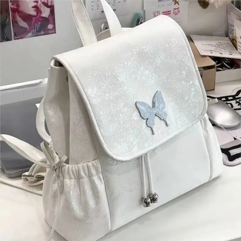 White Ballet Style Women Bow Butterfly Patch Large Capacity Backpack Ladies Elegant Gentle Exquisite Mochilas Mujer New