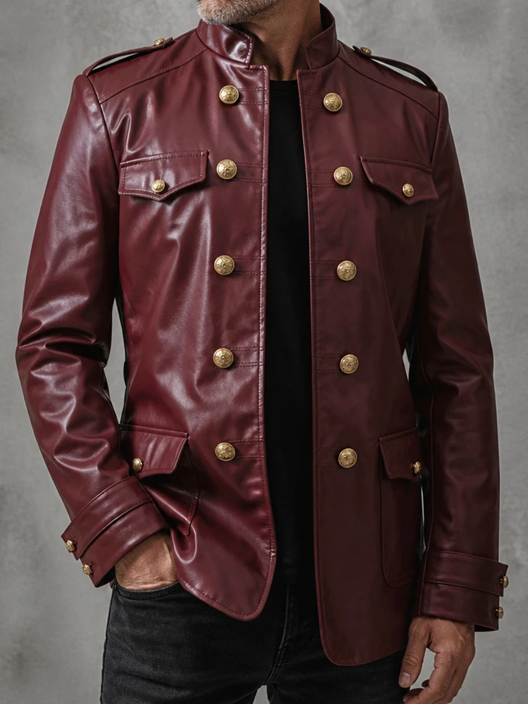 Men's Burgundy Faux Leather Jacket Stand Collar Gold Button Military Style Slim Fit Business Party Formal Casual Streetwear Coat