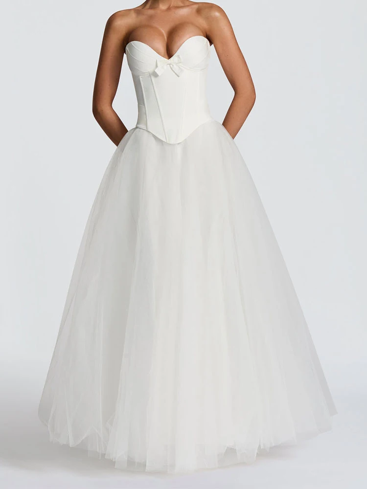 Сексуальный укороченный топ без бретелек и сетчатые юбки Вечерние наряды Женские элегантные однотонные банкетные костюмы без рукавов Модные милые платья Комплекты из 2 предметов