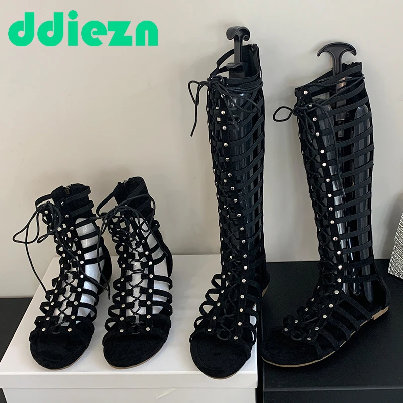 Gladiator  Western Boots For Womens Modern Cross-Tied Solid Ladies Long Boots 2024 Zipper Footwear Knee-High Female Shoes