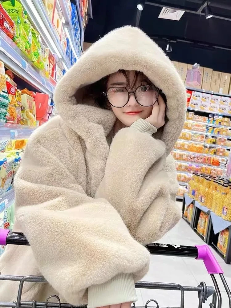 2023 New Korean Imitation Rabbit Fur Jacket Women's Thicken Warm Loose Plush Coat Hooded Zipper Furry Soft Lambwool Overcoat