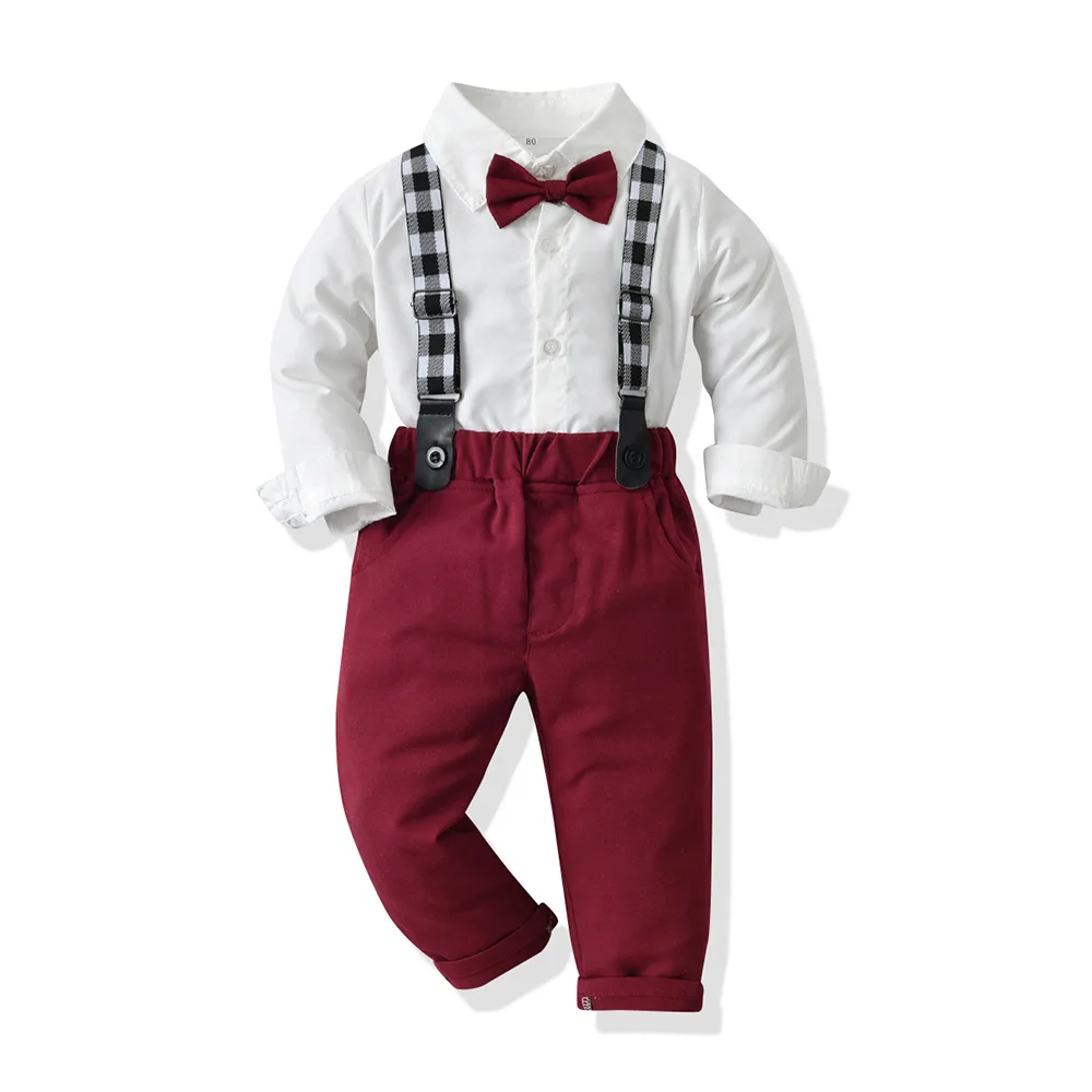 

Korean Boy Baby Suit Style Cotton Matte Long Sleeve Shirt Adjustable Suspenders Bow Dress Fashionable In Autumn