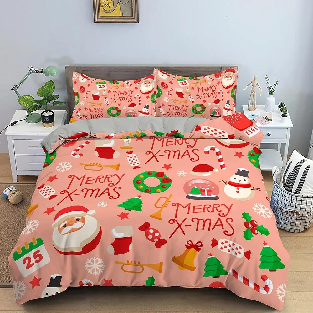 Merry Christmas King Queen Duvet Cover Cartoon Santa Snowman Elk Bedding Set for Kid Happy New Year 2/3pcs Polyester Quilt Cover