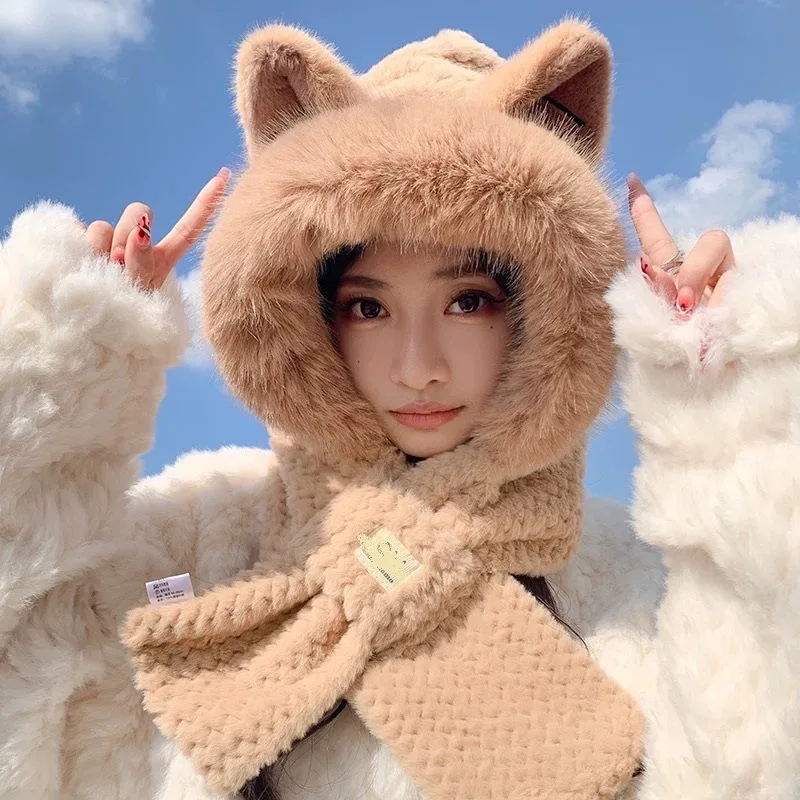 

Ear hat scarf one piece women's winter cycling cold protection warm ear protection cute plush two-piece set