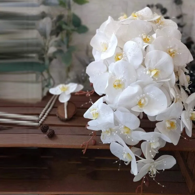 

PEORCHID Real Touch Orchid Waterfall Brides Boquet Cascade Design 2025 Pearls Bridal Flowers Bouquet For Wedding Bridesmaids