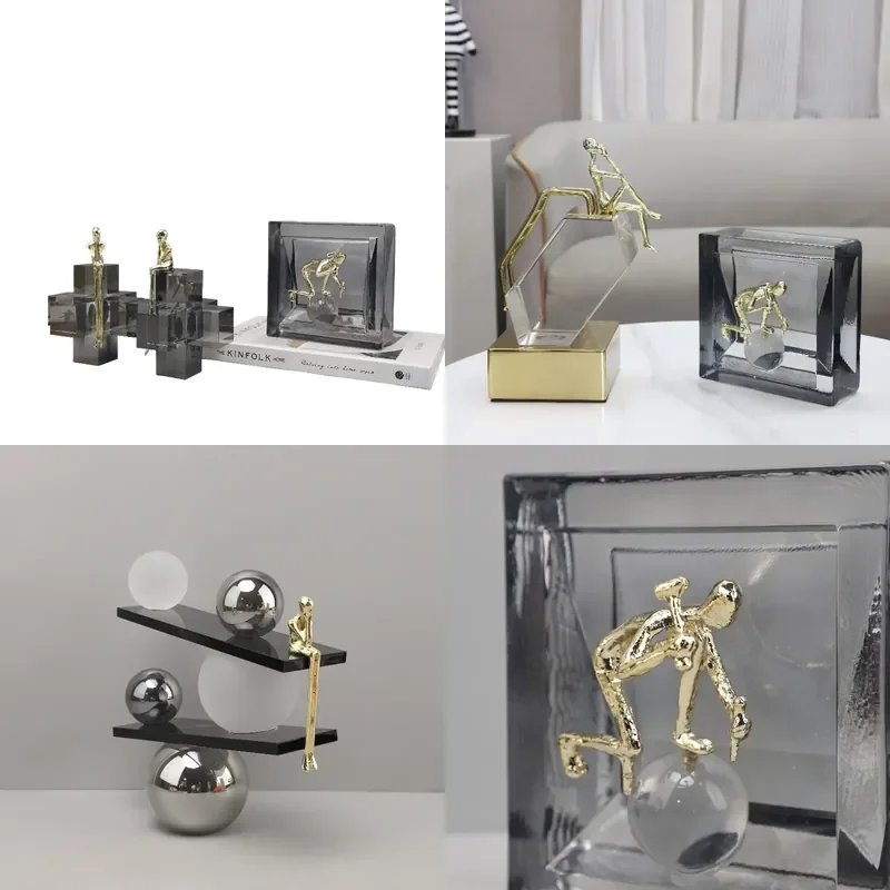 Nordic Creative Geometric Crystal Metal Statuette Sculpture Ornament for Bedroom Entrance Hotel Home Decoration