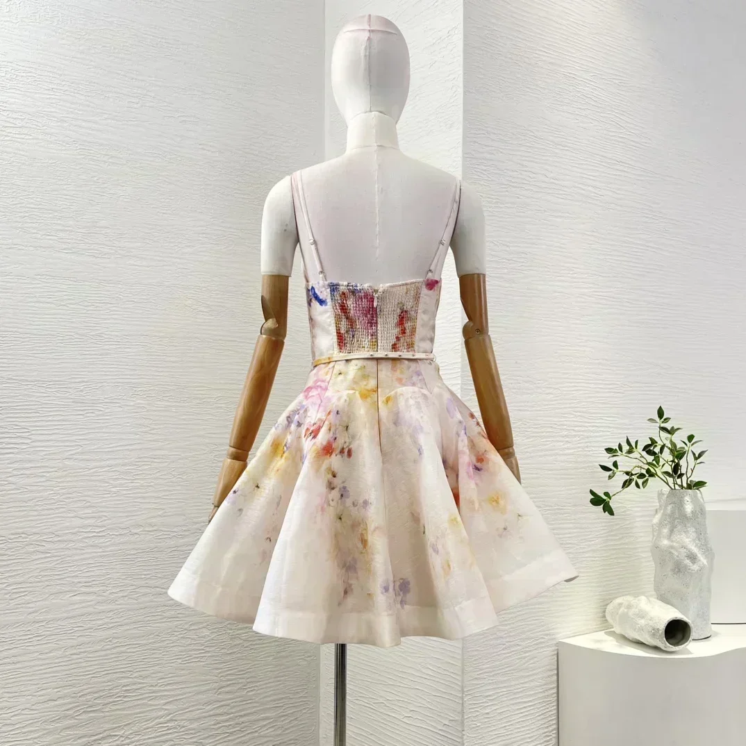 Overlap Pleat Design 2025 New Hot Floral Print Linen Silk Cut Out Strapless Women Spaghetti Waist Mini Dress