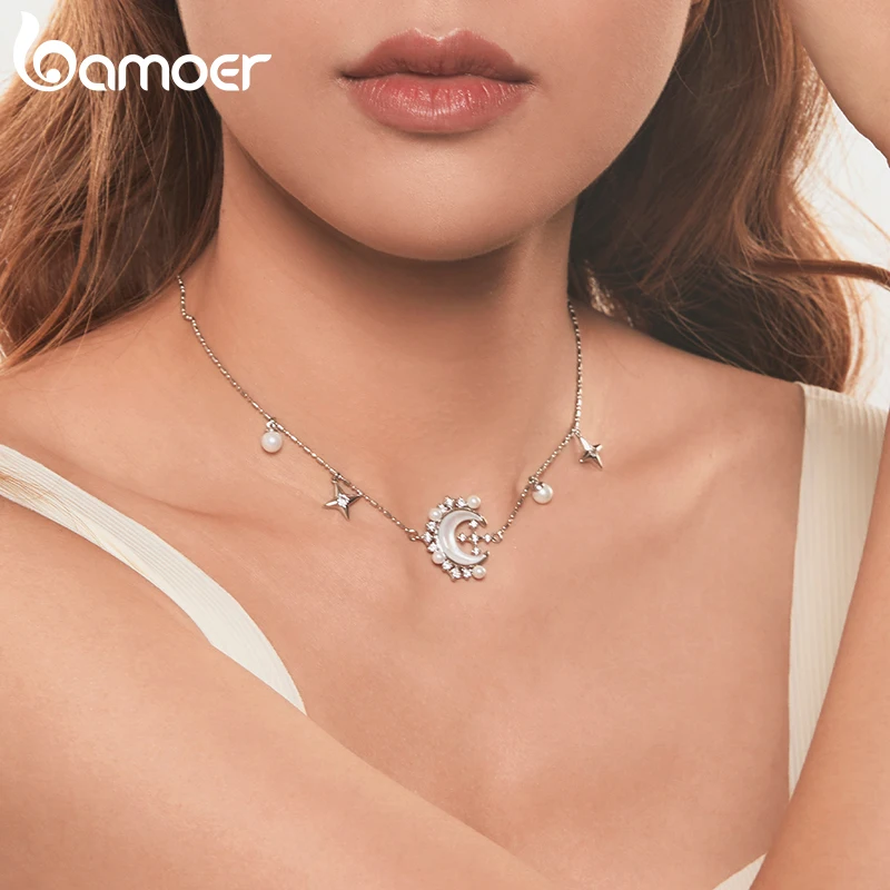 BAMOER White Gold Plated Crescent Moon Necklace with Pearl, High Quality Statement necklace for Women Unique Design Jewelry