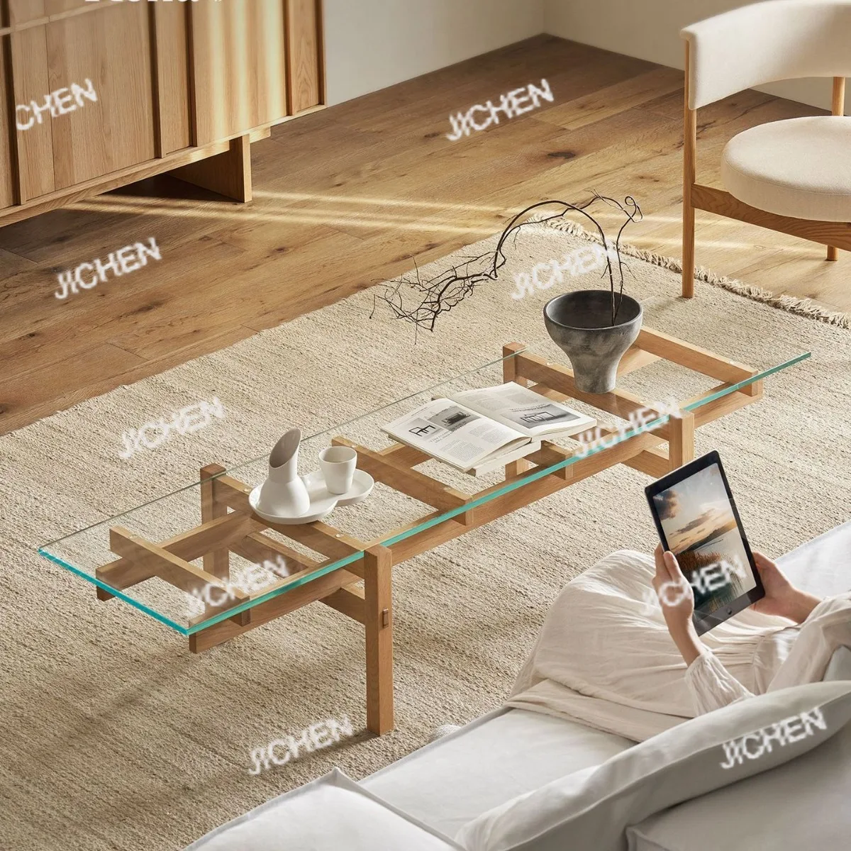 

Solid wood coffee table glass modern log wind living room small apartment simple tea table living room balcony bay window small