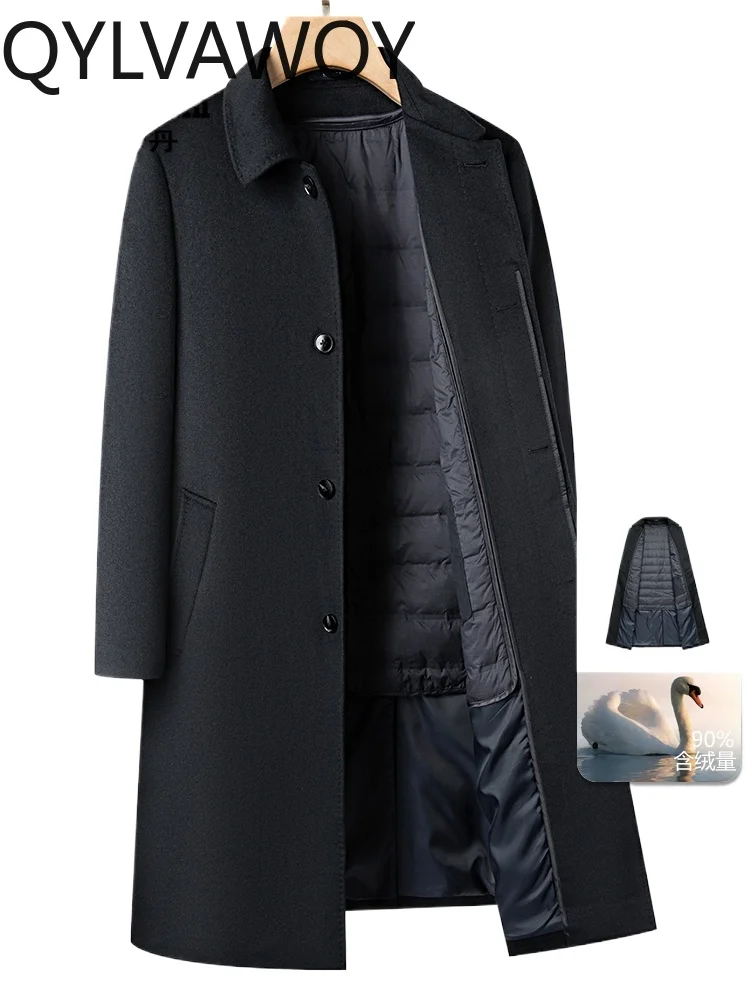 

QYLVAWOY 90% Wool 10% Silk Men's Winter Long Wool Coat High-End Thickened Down Liner Wool Trench Coat Outerwear LJ2057