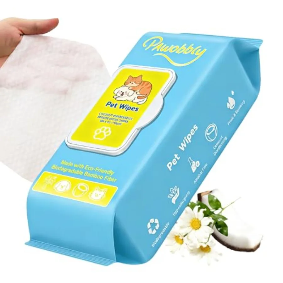 Toallitas Húmedas para Perros y Gatos, Desodorantes, con Extracto de Coco, Extra Gruesas, Hipoalergénicas, para Patas