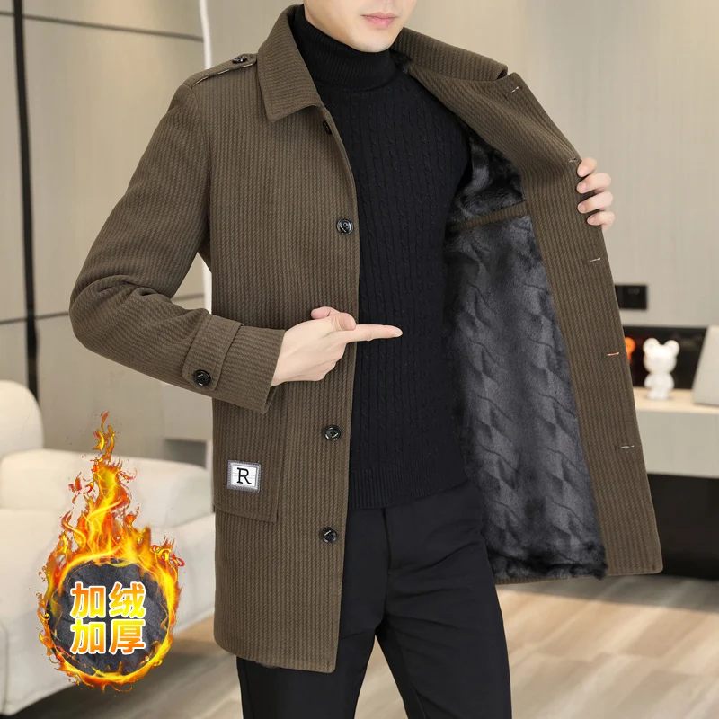 

2025 Winter Medium Length Woolen Jacket for Men Plush and Thicken Trench Coat Slim Casual Business Social Streetwear Overcoat