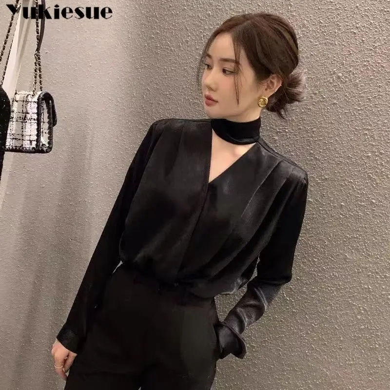 

2023 Spring Summer Korean Fashion Temperament Elegant V Neck Satin Streamer Tie French Lace Up Shirt Tops Satin Blouse Women's