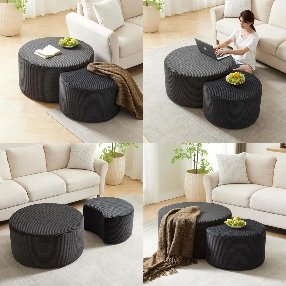 طقم طاولة قهوة منجدة مستديرة حديثة مكونة من قطعتين، طاولات متداخلة إسفنجية معاصرة لغرفة المعيشة وطاولات جانبية لهجة و #1