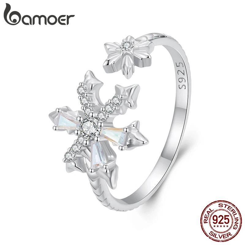 BAMOER 925 Sterling Silver Snowflake Adjustable Ring, White Gold Plated Promise Christmas Snowflake Rings Dainty Elegant Jewelry