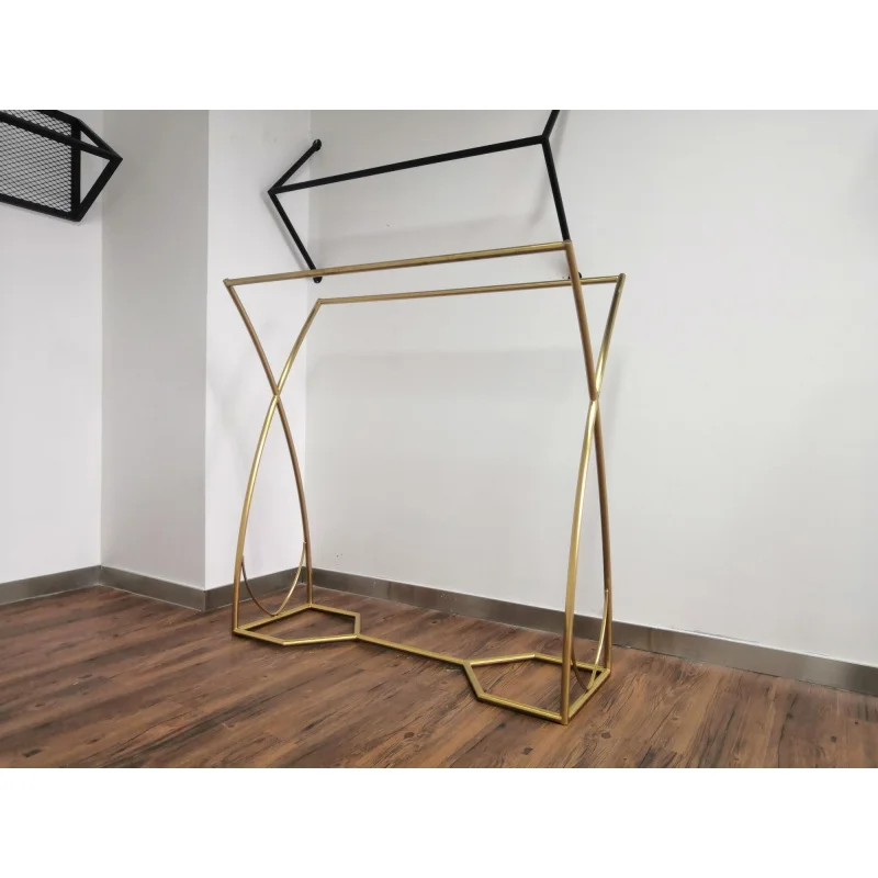 custom,European Style Gold Island Display Rack Standing Display Stand Simple Clothing Shop Furniture Double Bar