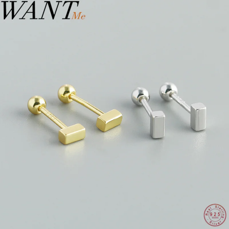 WANTME 925 Sterling Silver Minimalist Rectangular Mini Small Stud Earrings Delicate Girl Ear Bone Piercing Jewelry Accessories