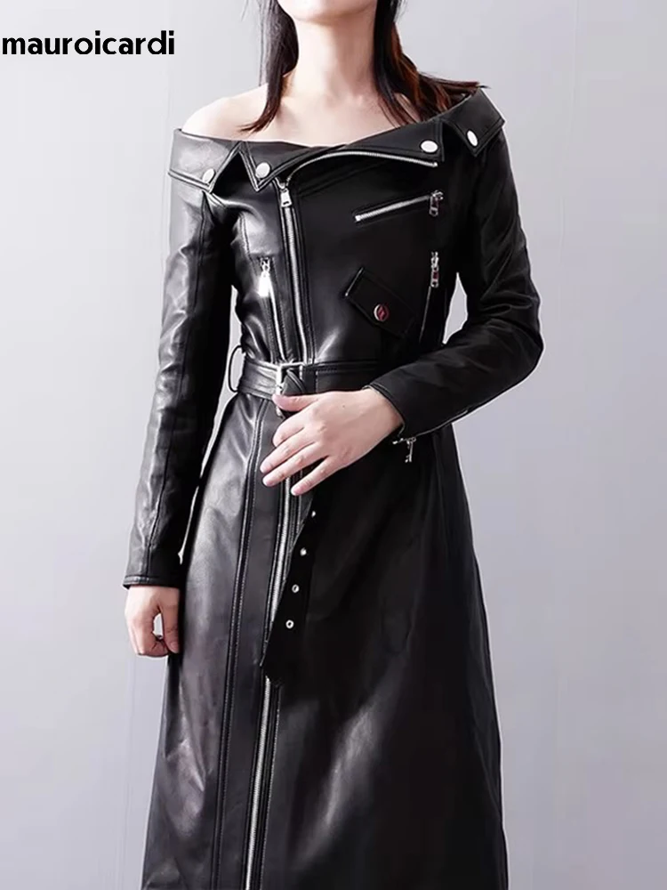 Mauroicardi Spring Autumn Black Pu Leather Maxi Biker Dress Women Zipper Belt Elegant Luxury Designer Off Shoulder Clothes 2025