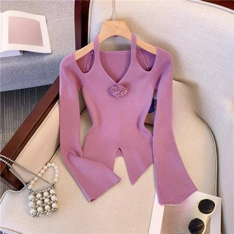 

Вязаная футболка для женщин, однотонная осенне-зимняя корейская мода, Ropa De Mujer, элегантные винтажные футболки с лямкой на шее и v-образным вырезом