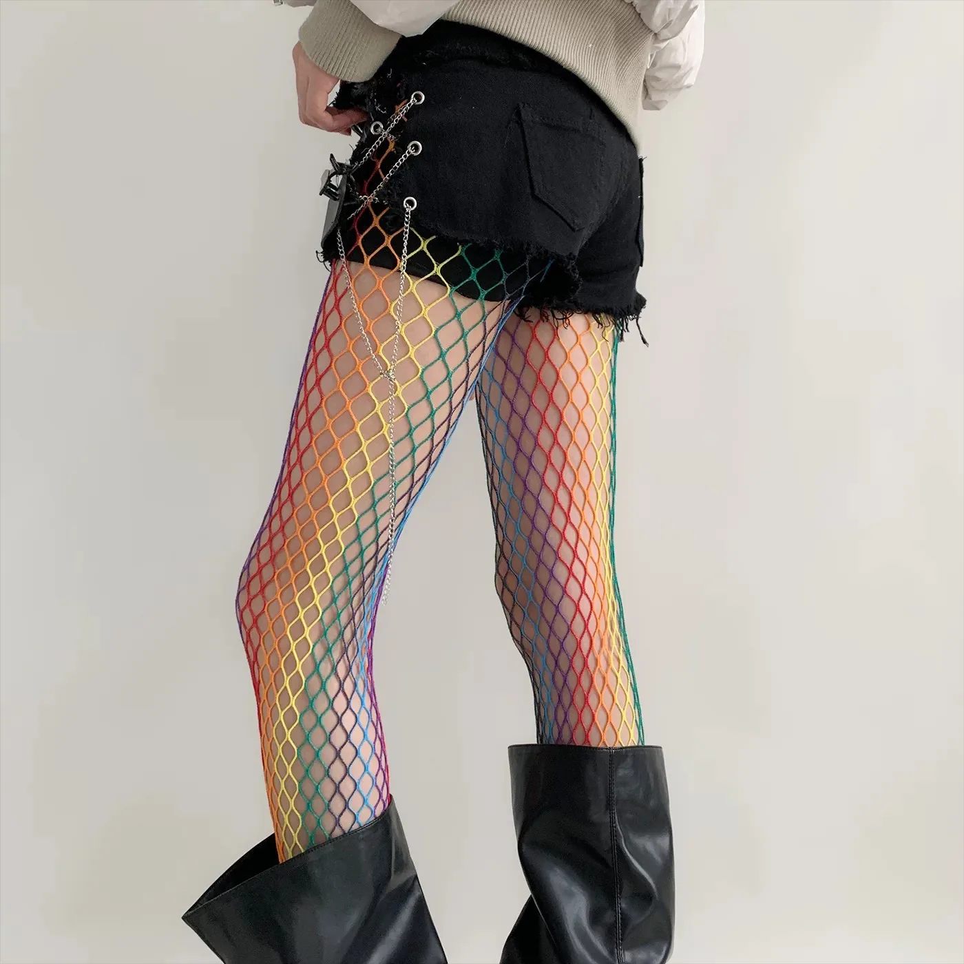 Image of 1 Paar Y2K Subkultur Regenbogen Netzstrumpfhose für Mädchen, ausgehöhlte bunte Damen-Netzstrümpfe, dünne JK Goth Street Club Strümpfe